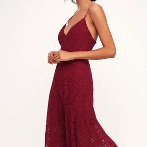 Lulu's One Wish Burgundy Lace Midi Dress